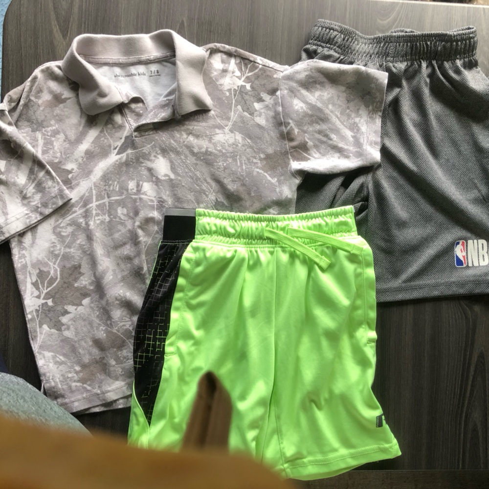 abercrombie gray polo shirt, gray NBA shorts and neon green Russell shorts